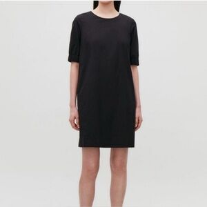 New! COS Solid Black Oversized Boxy Silk Shift Dress w/ Knit Short Sleeves Small